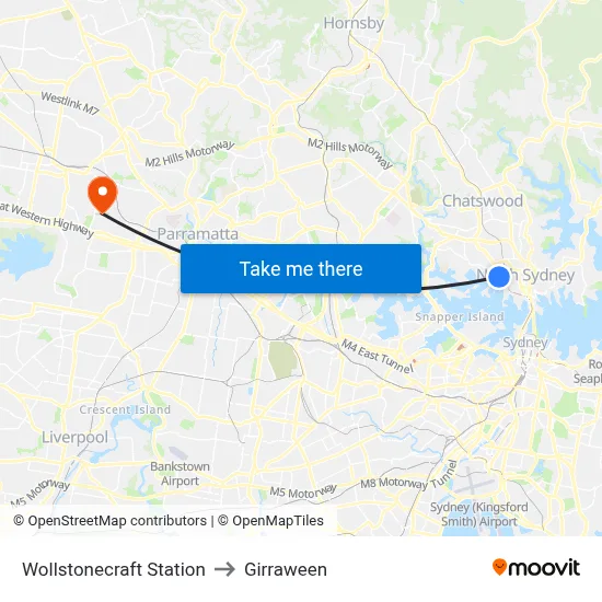 Wollstonecraft Station to Girraween map