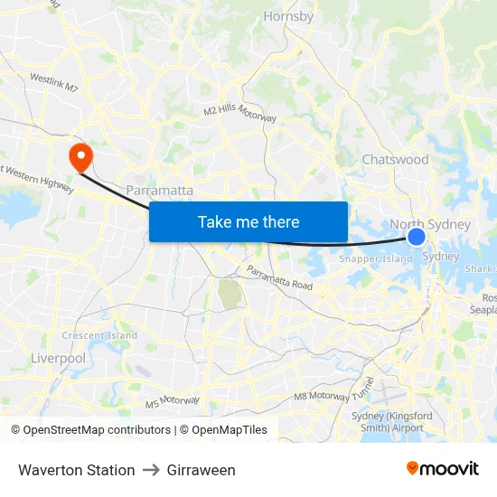 Waverton Station to Girraween map