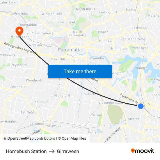 Homebush Station to Girraween map