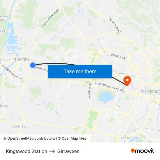 Kingswood Station to Girraween map