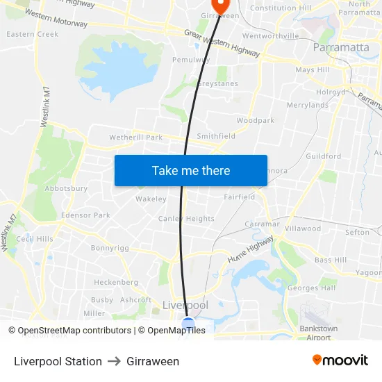 Liverpool Station to Girraween map