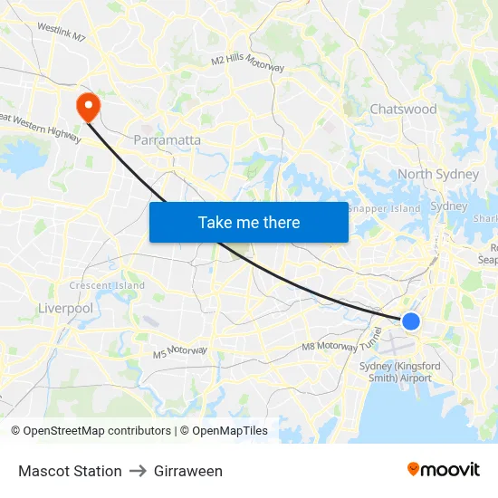 Mascot Station to Girraween map