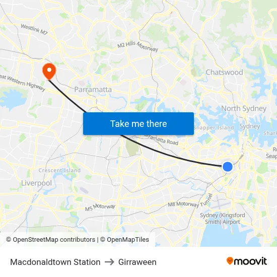 Macdonaldtown Station to Girraween map