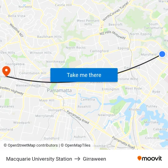 Macquarie University Station to Girraween map