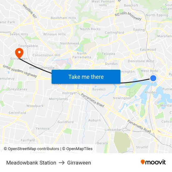 Meadowbank Station to Girraween map