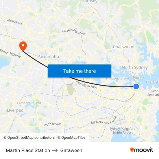 Martin Place Station to Girraween map