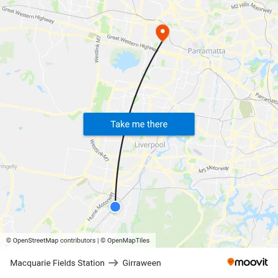 Macquarie Fields Station to Girraween map