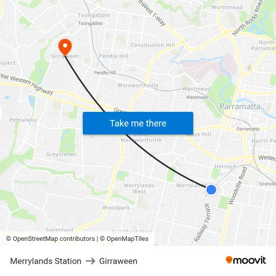 Merrylands Station to Girraween map