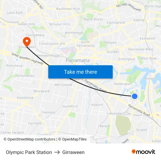 Olympic Park Station to Girraween map