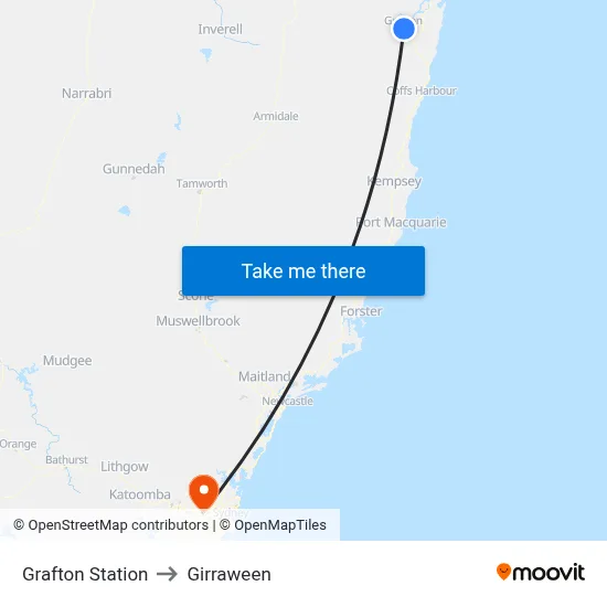 Grafton Station to Girraween map