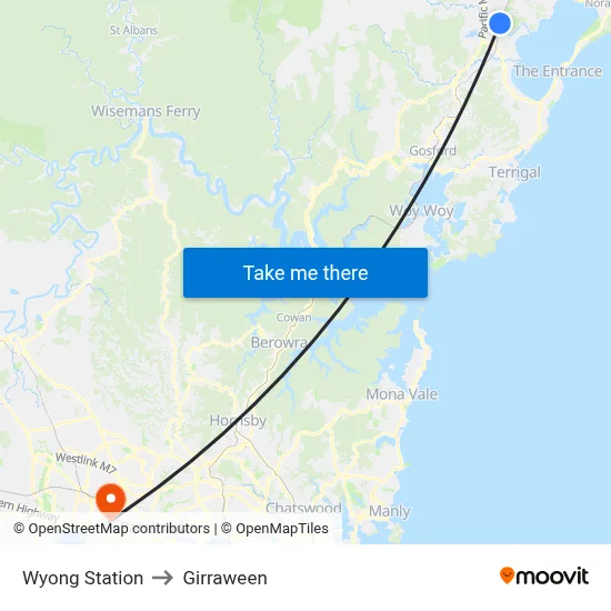 Wyong Station to Girraween map