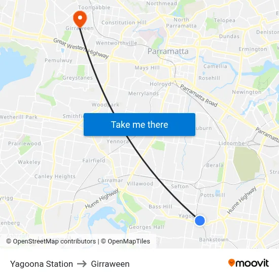 Yagoona Station to Girraween map