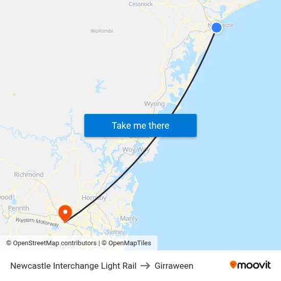 Newcastle Interchange Light Rail to Girraween map