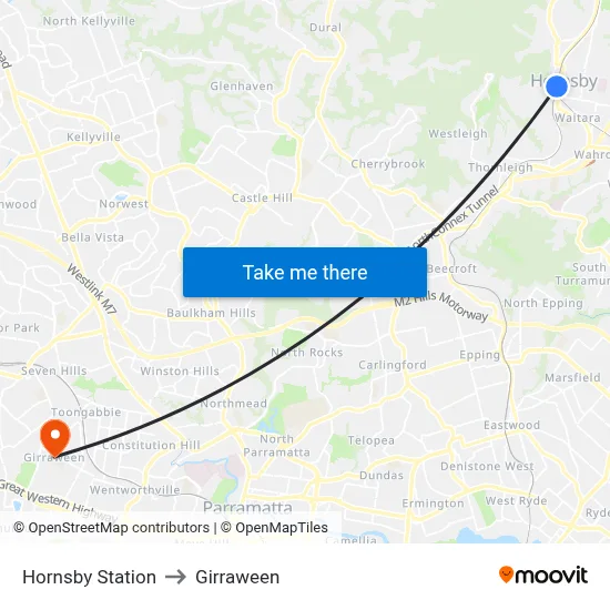 Hornsby Station to Girraween map