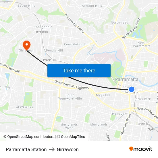 Parramatta Station to Girraween map
