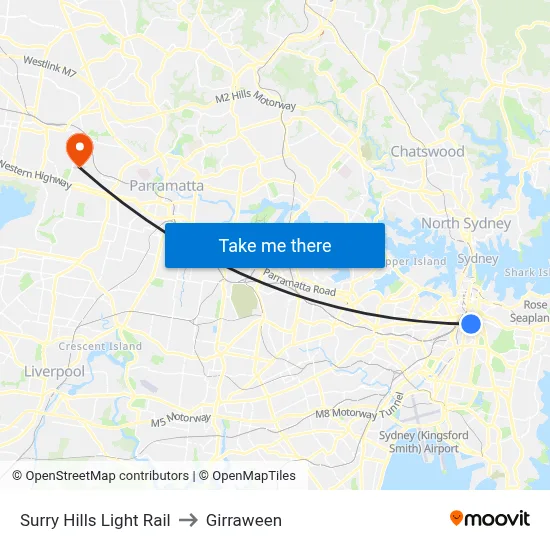 Surry Hills Light Rail to Girraween map