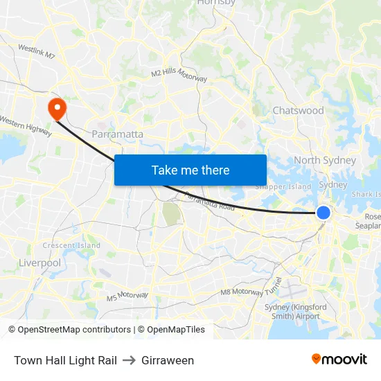 Town Hall Light Rail to Girraween map