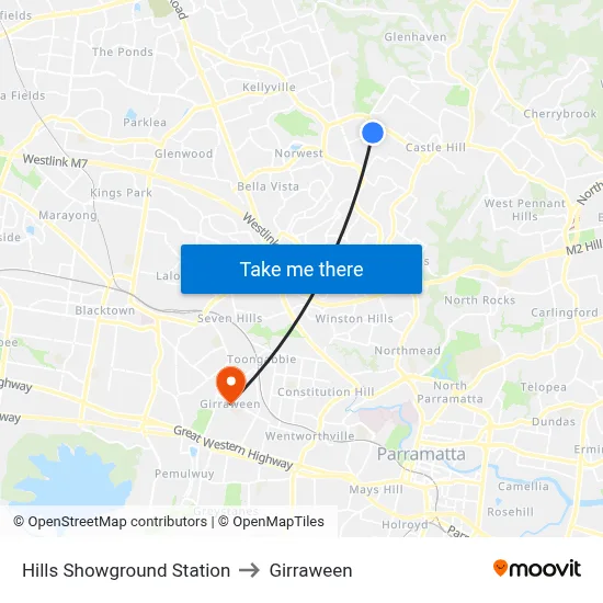 Hills Showground Station to Girraween map