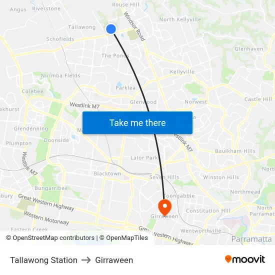 Tallawong Station to Girraween map