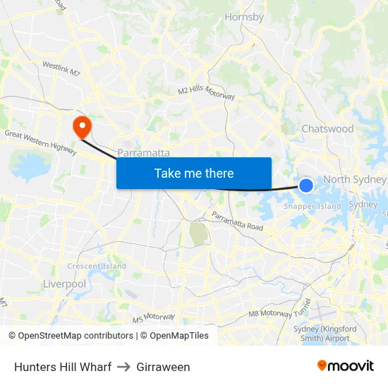 Hunters Hill Wharf to Girraween map