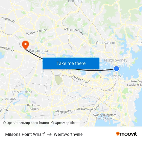 Milsons Point Wharf to Wentworthville map