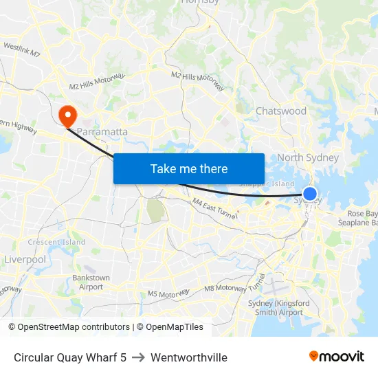Circular Quay Wharf 5 to Wentworthville map
