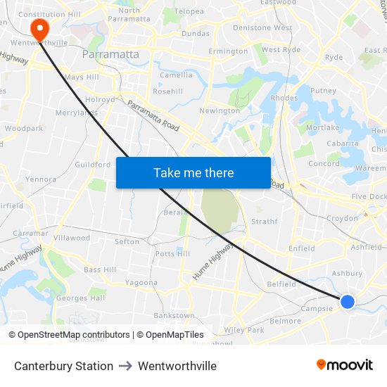 Canterbury Station to Wentworthville map