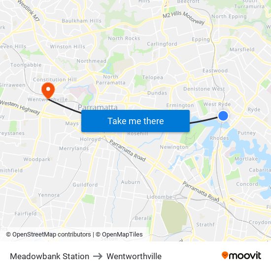 Meadowbank Station to Wentworthville map