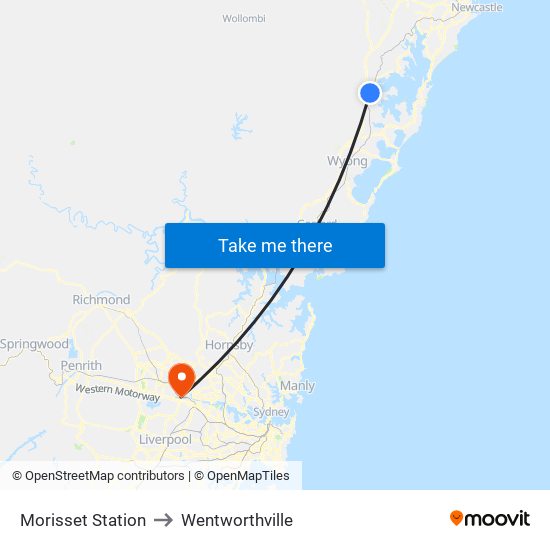 Morisset Station to Wentworthville map