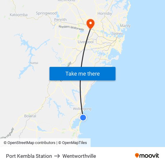 Port Kembla Station to Wentworthville map