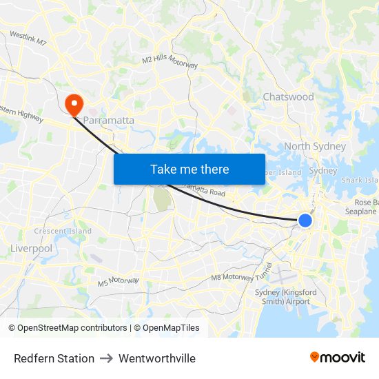 Redfern Station to Wentworthville map