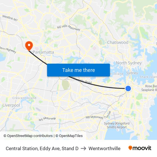 Central Station, Eddy Ave, Stand D to Wentworthville map