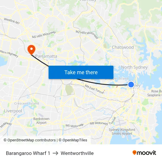 Barangaroo Wharf 1 to Wentworthville map