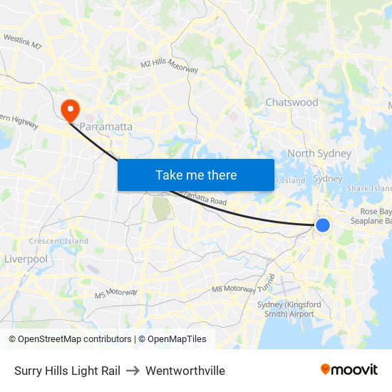 Surry Hills Light Rail to Wentworthville map