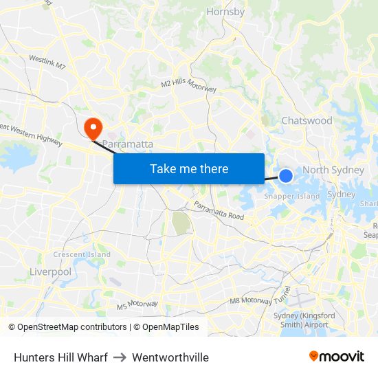 Hunters Hill Wharf to Wentworthville map