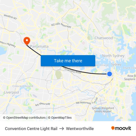 Convention Centre Light Rail to Wentworthville map