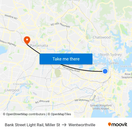 Bank Street Light Rail, Miller St to Wentworthville map