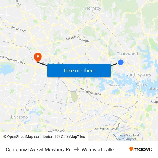 Centennial Ave at Mowbray Rd to Wentworthville map