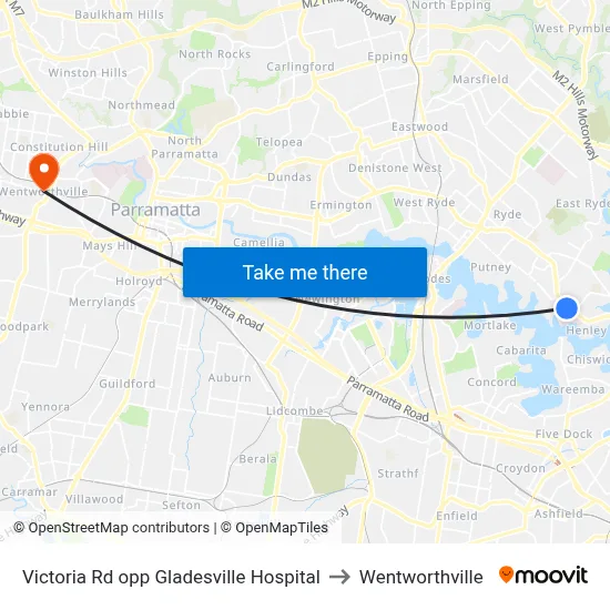 Victoria Rd opp Gladesville Hospital to Wentworthville map