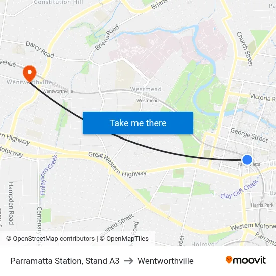 Parramatta Station, Stand A3 to Wentworthville map