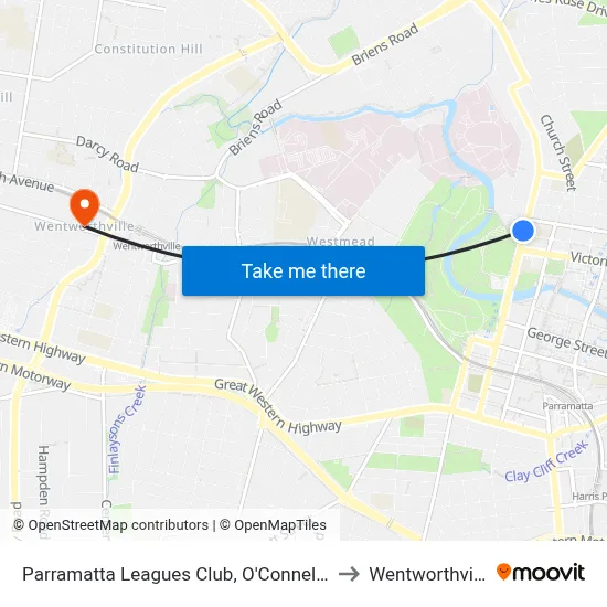 Parramatta Leagues Club, O'Connell St to Wentworthville map