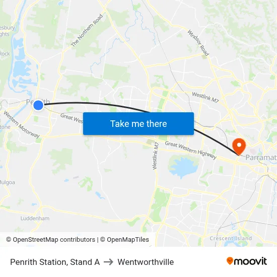 Penrith Station, Stand A to Wentworthville map
