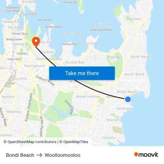 Bondi Beach to Woolloomooloo map