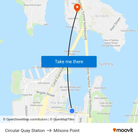 Circular Quay Station to Milsons Point map