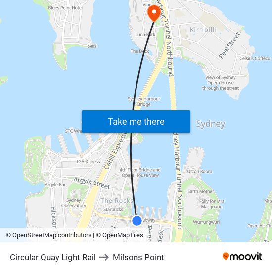 Circular Quay Light Rail to Milsons Point map