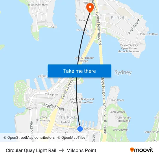 Circular Quay Light Rail to Milsons Point map