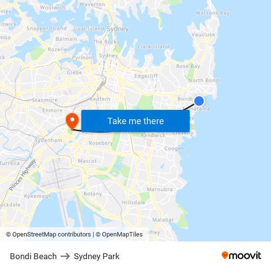 Bondi Beach to Sydney Park map