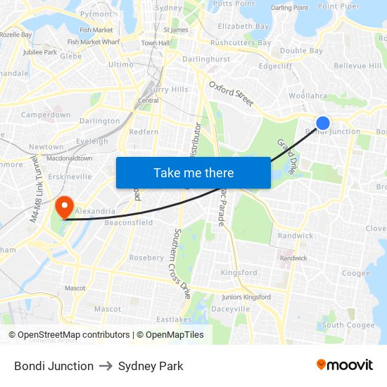 Bondi Junction to Sydney Park map