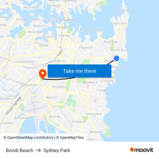 Bondi Beach to Sydney Park map