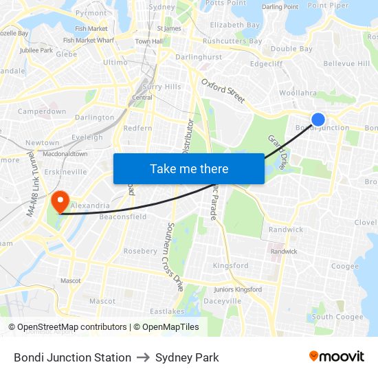 Bondi Junction Station to Sydney Park map